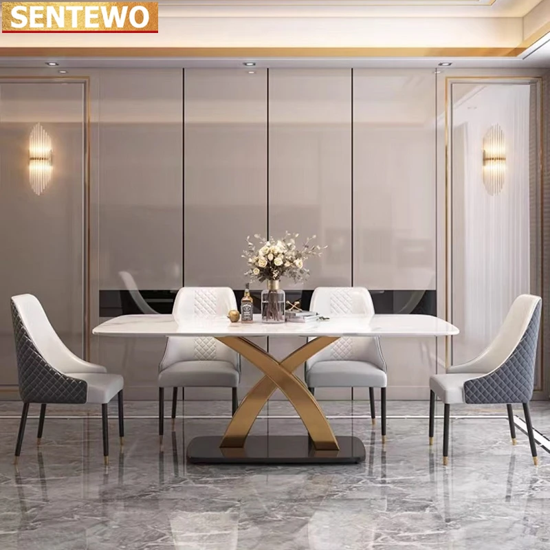 SENTEWO Ltalian Luxury Marble Dining Table 8 Dinning Chairs Stainless Steel Gold Frame Kitchen Furniture Chaises Salle Manger