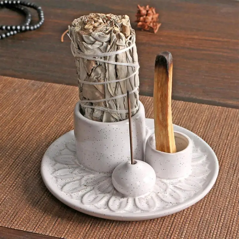 Ceramic Palo Santo Sticks Holder 4 in 1 Incense Burner Sage Holder Incense Holder Ash Catcher Tray for Meditation Yoga Room