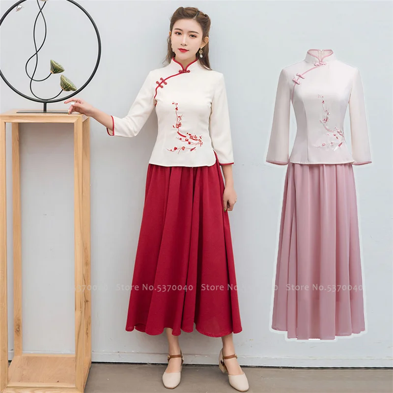 

Traditional Chinese Hanfu Clothing for Women Qipao Skirts Cheongsam Tops New Year Vintage T-Shirt Tang Suit Stage Party Dresses