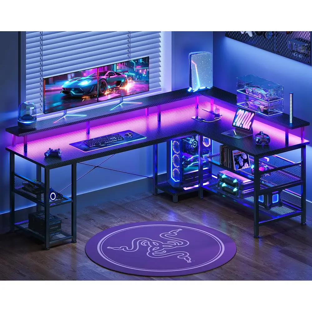 

Игровой стол L-образной формы 66 дюймов с розеткой и LED-подсветкой, игровой стол для ПК с текстурой под карбон, реверсивный L-образный стол