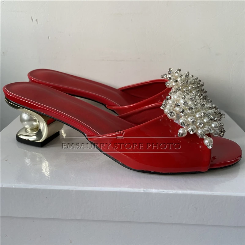 Crystal Beads Flower Decor Sandals Women Luxury Patent Leather Slingbacks Unique Pearl Fretwork Heel Summer Mules