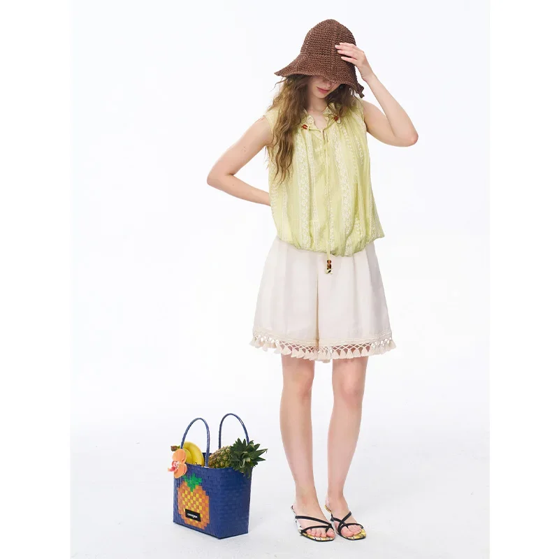 ELFSACK Blouse sans manches en dentelle avec col à volants et boutons en bois, haut ample à nouer au cou pour tous les jours