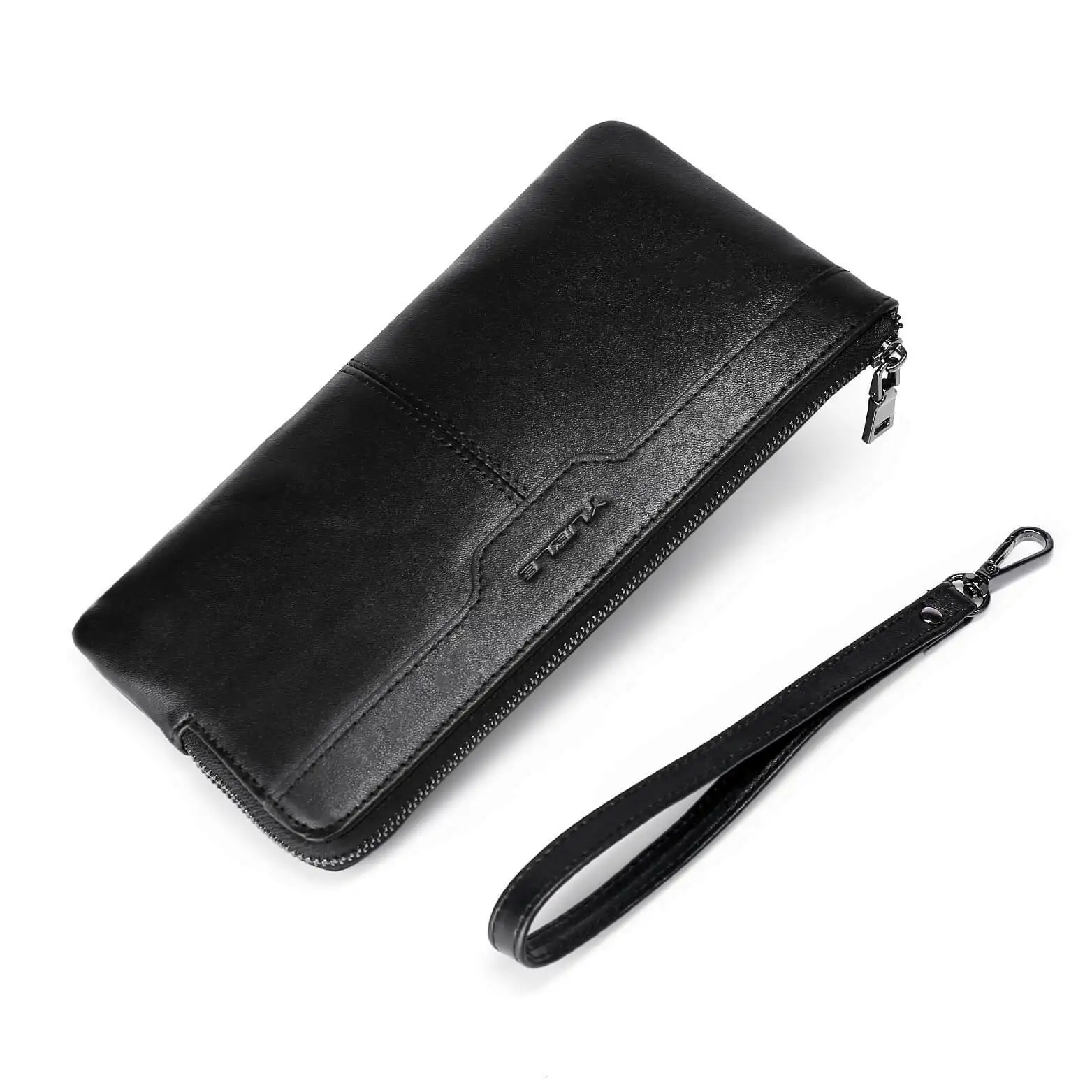 Mens Long Wallet Clutches Cell Phone Credit Card Holder Purse Soft Real Leather Zipper Large Capacity Wallets with Wrist Strap