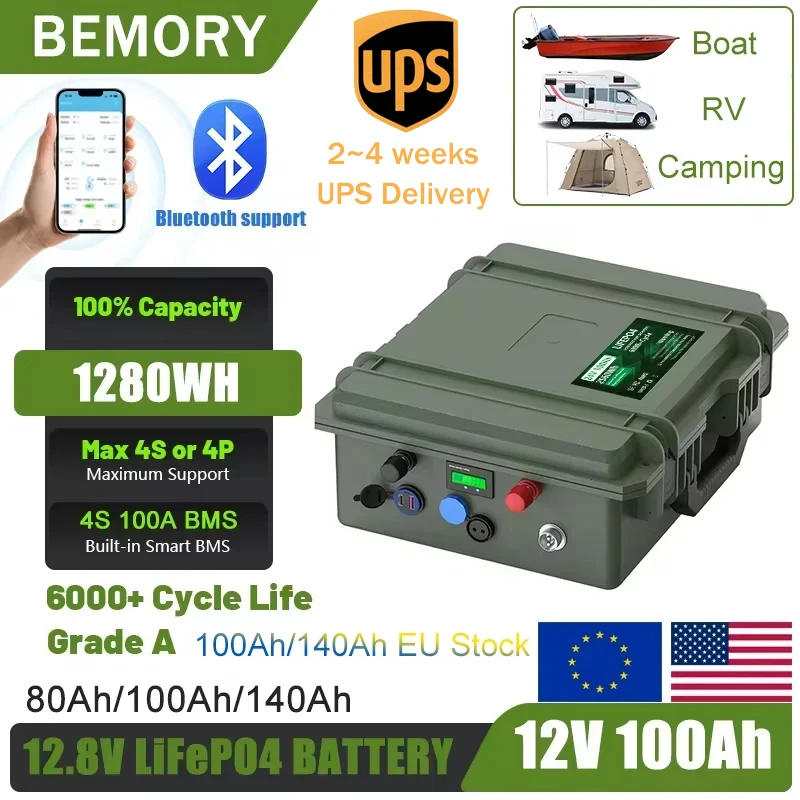 LiFePO4 12V 100Ah 140Ah Battery 12.8V Fishing Battery With Bluetooth Grand A Cells for Boat No Tax EU Stock 2 Weeks Delivery