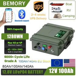 LiFePO4 12V 100Ah 140Ah 80Ah Battery 12.8V Fishing Battery 6000+ Cycles With Bluetooth 4S BMS Grand A Cells for Boat No Tax