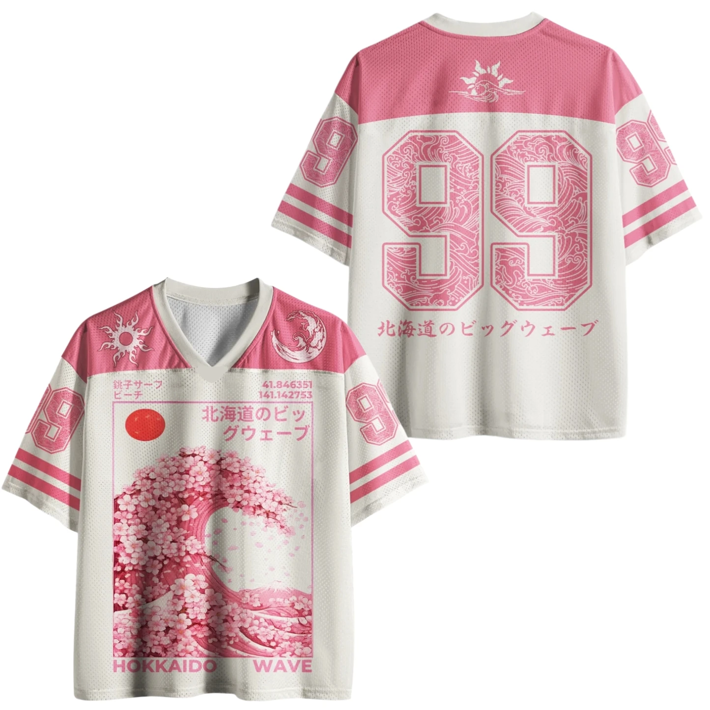New Unisex 3D Hokkaido Wave Sakura Jersey Retro V-neck Oversized T-shirt Harajuku Japanese Big Wave Cherry Streetwear Sports Tee
