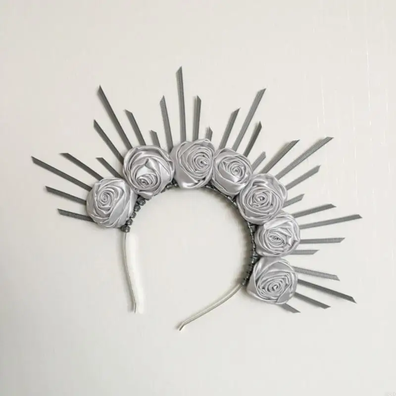 M6CDゴシックパンクフラワーヘアフープ芸術的なロゼットヘアバンドロックコンサートドレス