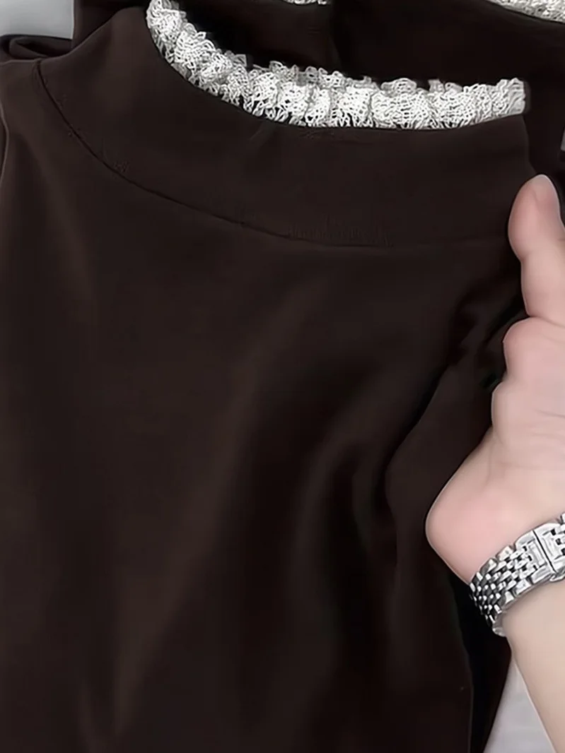 

Корейский японский бренд, женский вязаный базовый слой, большой размер, нежная ретро кружевная отделка, цветной топ, повседневный облегающий длинный...