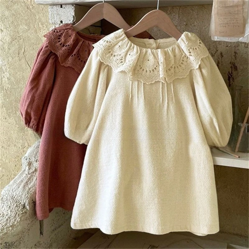Korean Style Girls Lace Ruffle Collar A Line Dress Spring Autumn Princess Dress for Kids Fashion Children Clothing
