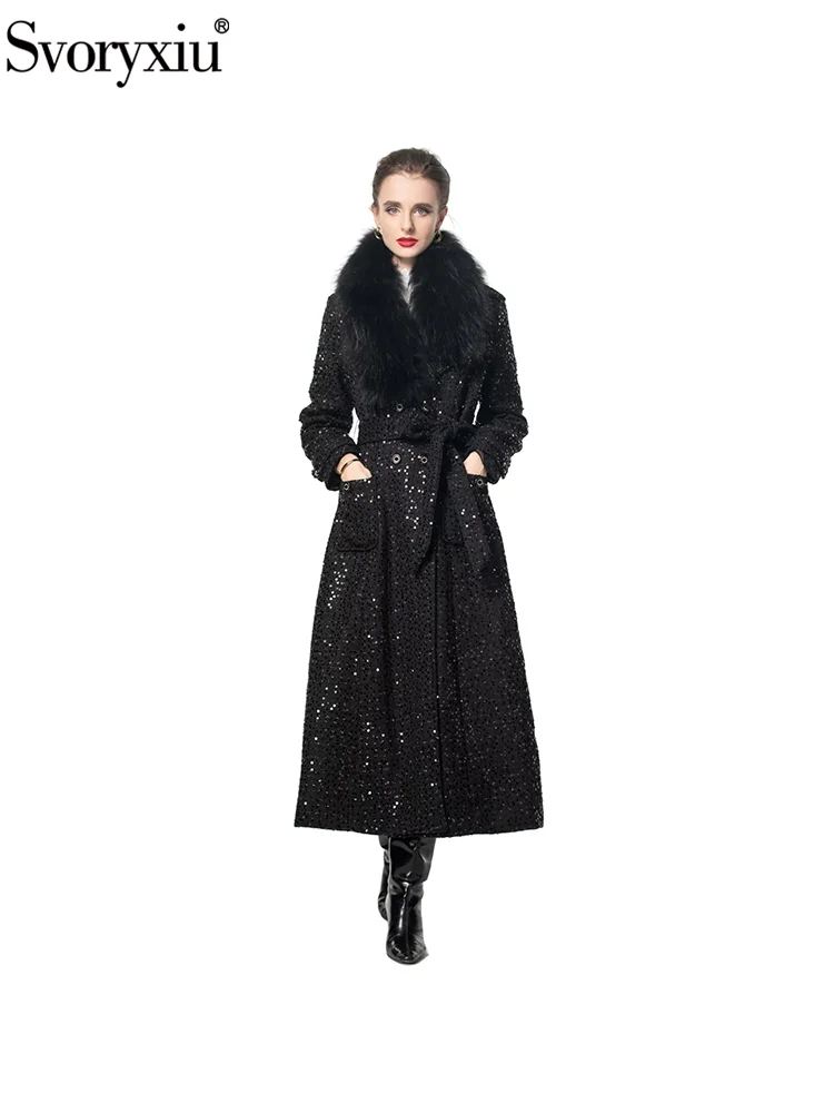 

Svoryxiu Fashion Runway Winter Outdoors Black Ankle-Length Overcoat Women's Fur Turn-down Collar Gorgeous Sequins Overcoat