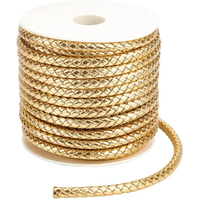 

16Yards Gold Round Braided Leather Cord, 7mm Wide Imitation Leather Beading Cord Rope for Jewelry Making Necklaces Bracelets