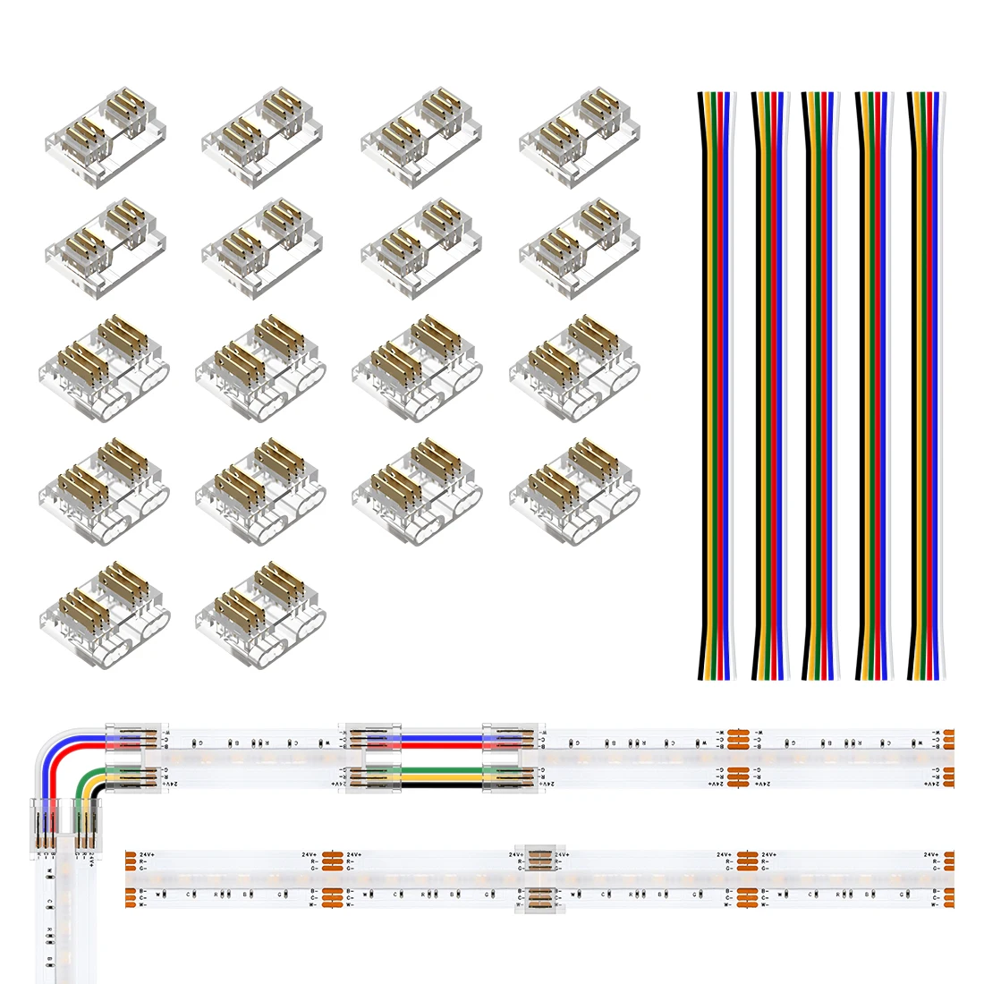 18PCS 12mm Transparent Cover Connector Kits for PWM 5pin RGBW 6pin RGBCCT Transparent Gapless Connectors with Extension Wire