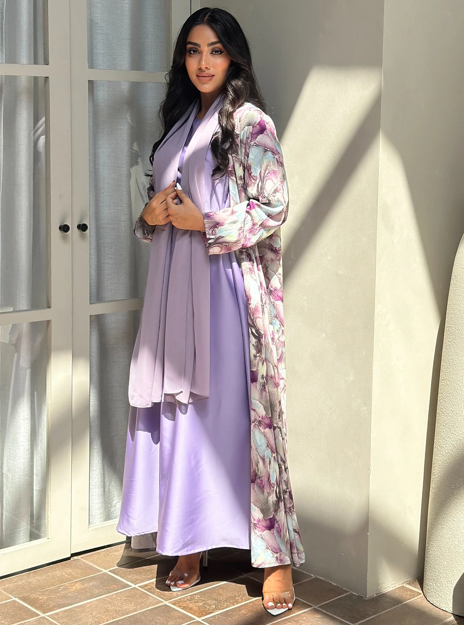 Middle Eastern Open Front Abaya+Hajib 2pcs Muslim Women Printed Floral Abayas Full Sleeve Kaftans Islamic Maxi Dresses Jilbabs
