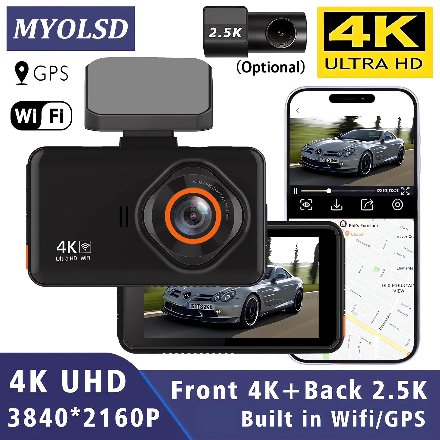 Dash Cam 4K UHD Recording Car Camera DVR Night Vision Video Recorder GPS Wi-Fi Support Dual Lens Room 2.5K Rear View Camera