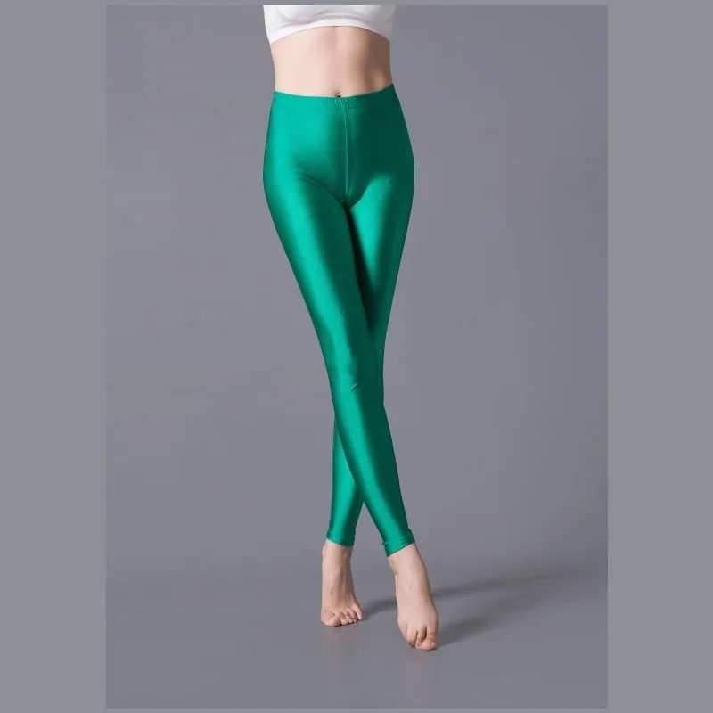 Leggings brillantes fluorescentes, ajustados y lisos, pantalones brillantes de Color sólido, mallas largas para actuación de baile para mujeres y niñas