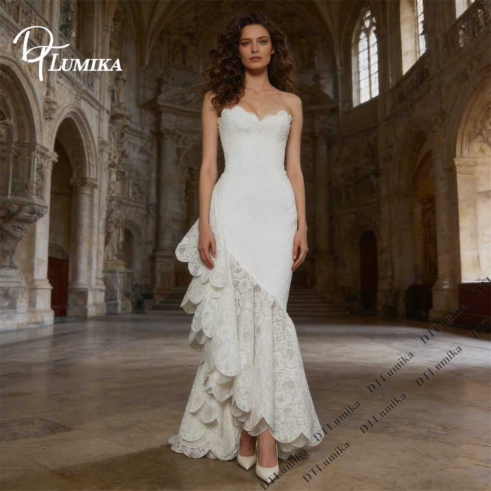 Strapless Wedding Dress With Lace Overlay Mermaid Bridal Gown Scalloped Hem Fit And Flare Formal Ceremony Bridal Gown Customized