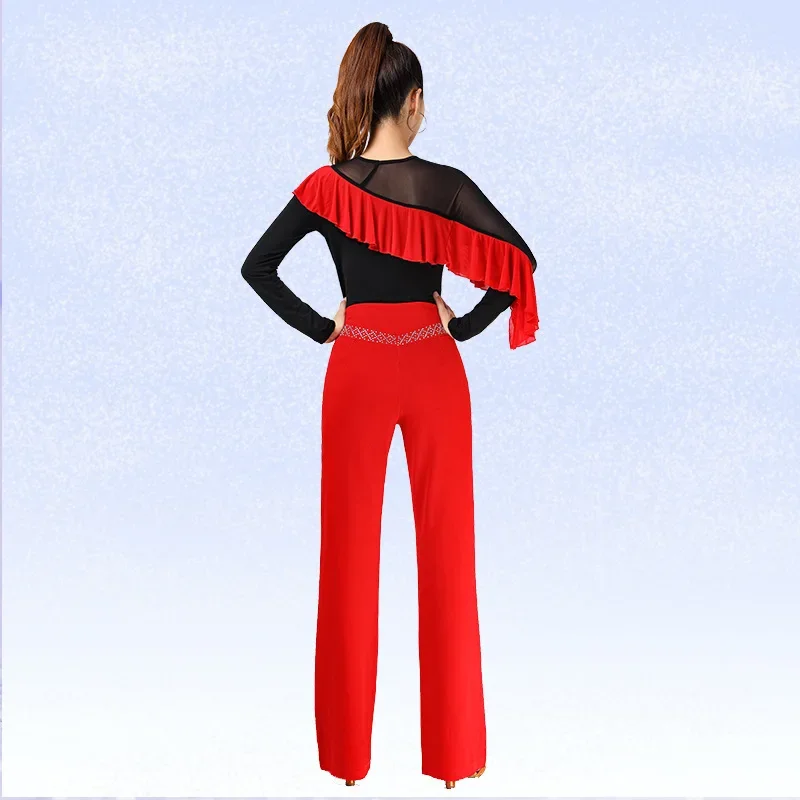Modern Latin Dance Top New Style Gypsy Bar Dance Outfit Mesh Wave Sleeves Red Long Sleeve For Sports Shoes And Accessories