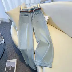 Large Size Light Color Jeans for Women in Spring 2025 New Hot Style Small Nine-point Loose Straight Wide-leg Pants