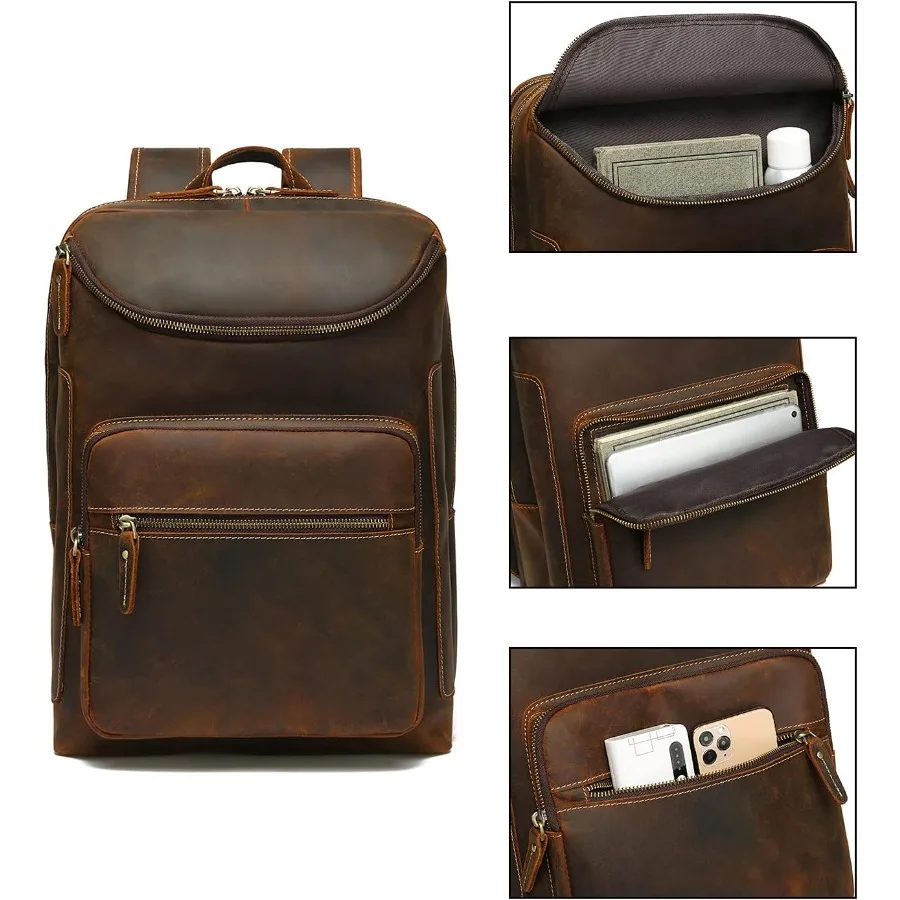 กระเป๋าเป้หนังแท้สไตล์วินเทจ LANNSYNE ขนาด 16 นิ้ว สำหรับผู้ชาย เหมาะสำหรับเดินป่า ท่องเที่ยว และตั้งแคมป์
