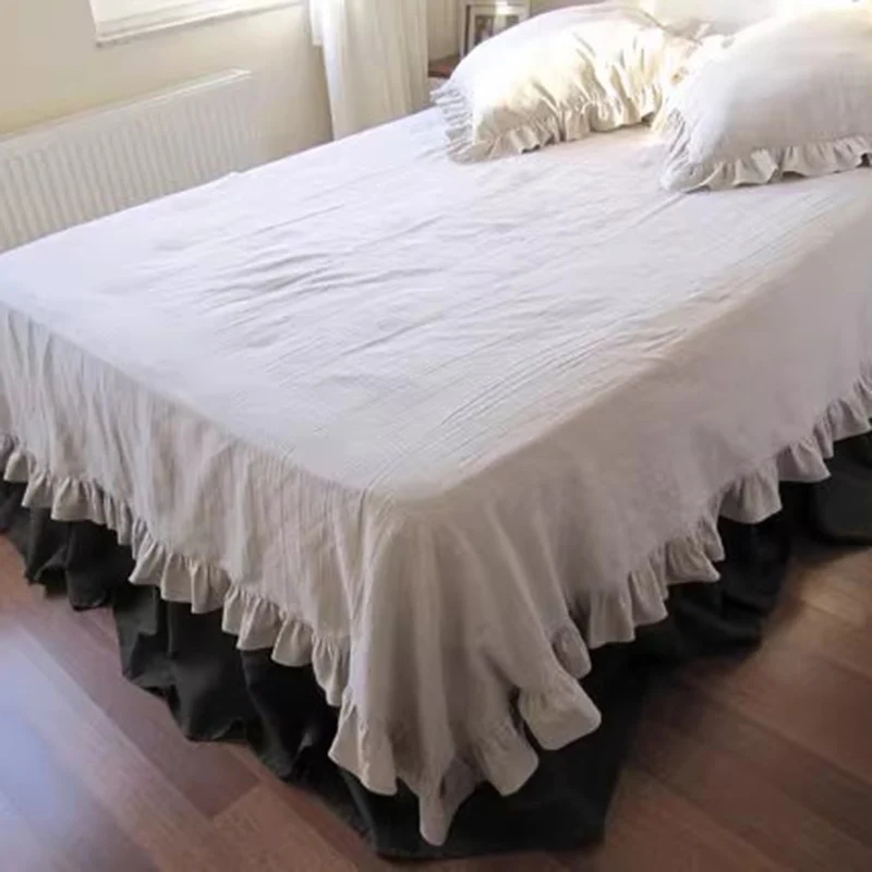 Korean Princess Solid White Flat Sheet 100% Linen Bedding Sheets Ruffle Lotus Leaf Flat Bed Sheet For Adults No Pillowcases