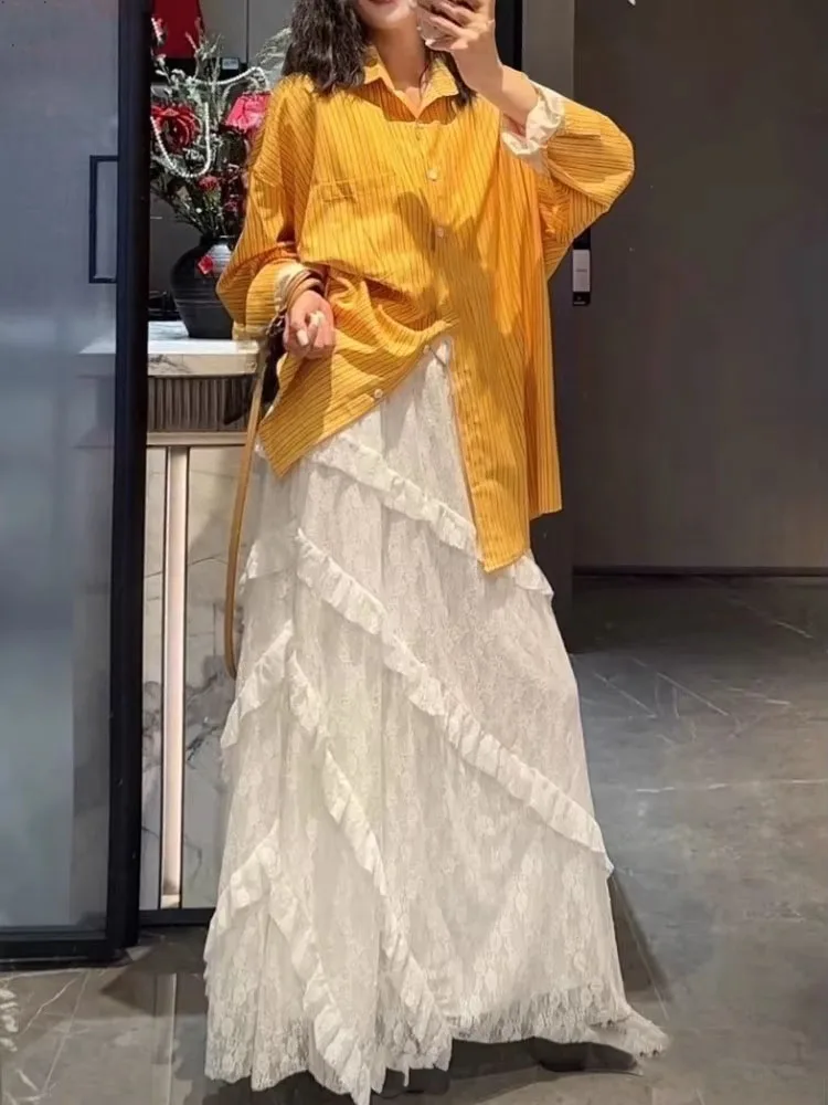 Lace Jacquard Skirt For Women High Waist Irregular Ruffled Elegant Jupe 2025 Faldas Mujer De Moda Fashion Sweet Summer Skirts