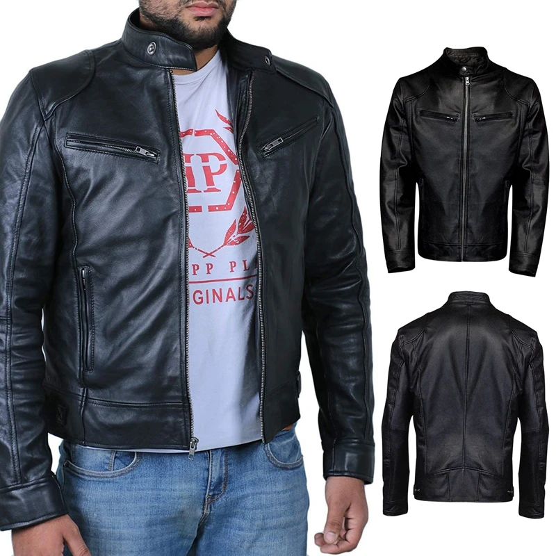 

Men's Autumn Winter Leather Jacket Plus Size Long Sleeve Stand Collar Zip Up Coat Moto Biker Windbreaker Outwear with Pockets