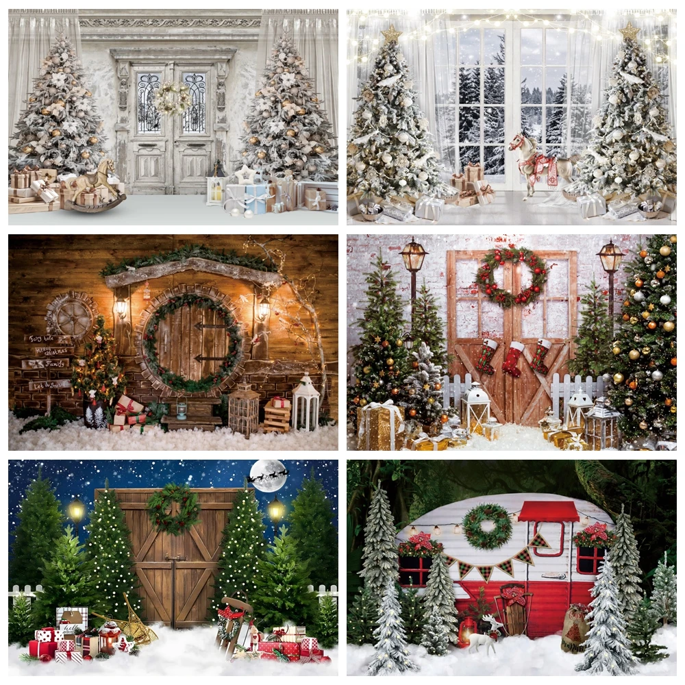 

Christmas Photography Backdrop Xmas Tree Fireplace Gift Window Winter Snow Kids Portrait Family Party Background Photo Studio