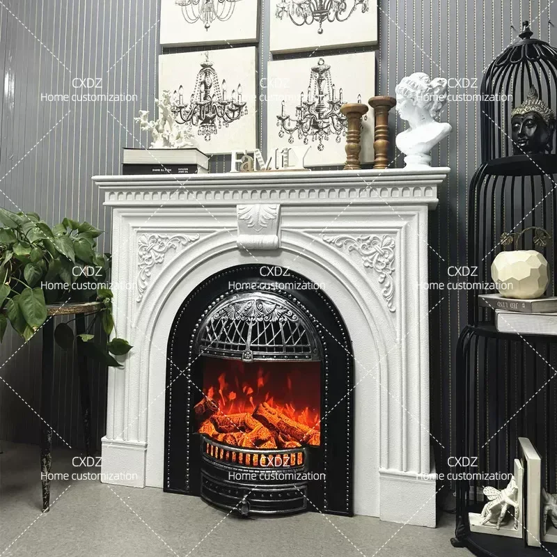 French Retro Carved Fireplace Cabinet Entrance Decorative Console Simulated Flame Electric Fire for Living Room European