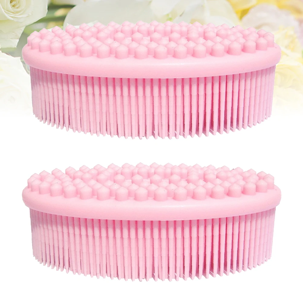 

2 Pcs Pink Silicone Shower Brush Body Massage Bathing Scrubber Soft Bristles Elder Travel Home Clean Face Fruits