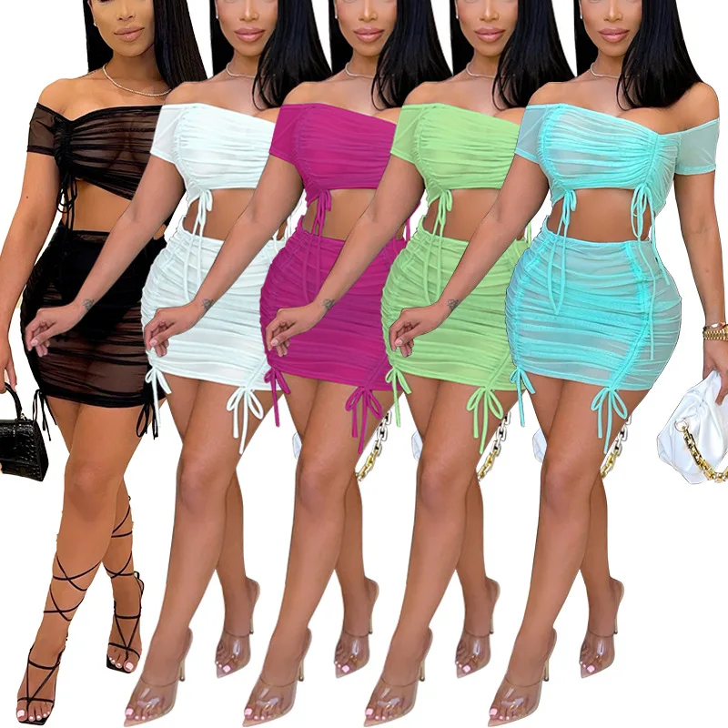 K9916 Women's Solid Color Pleated Mesh Perspective Drawstring Short Skirt Set  Semi-transparent hip-hugging skirt set