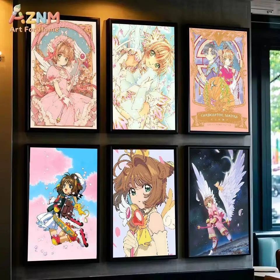 AZNM Cardcaptor Sakura Sakura Kinomoto Canvas Wall Art - Impressão clássica de personagem de anime de menina mágica com Syaoran Li e fantasia