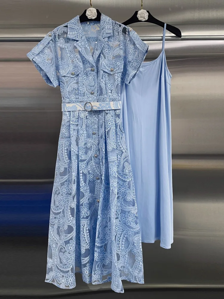 DFDG Abito lungo da donna in pizzo ricamato giallo semplicità 2025 per le vacanze Boho Chic Designer Elegante abito lungo primavera estate