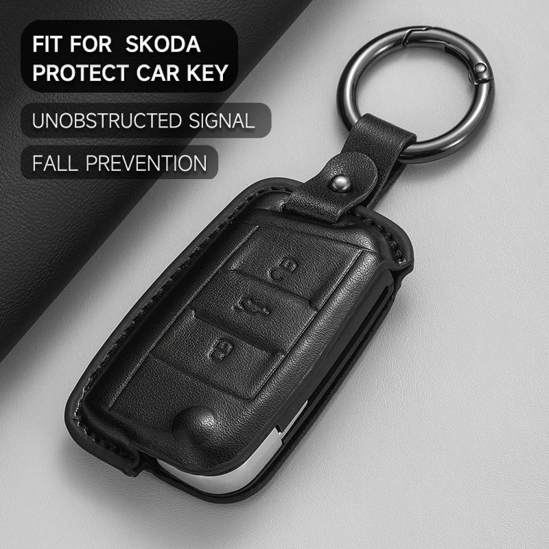 Leather Car Key Cover Case Protection Shell Keychain For Skoda Octavia A5 kodiaq Fabia Scala Karoq Superb Kamiq Rapid Yeti