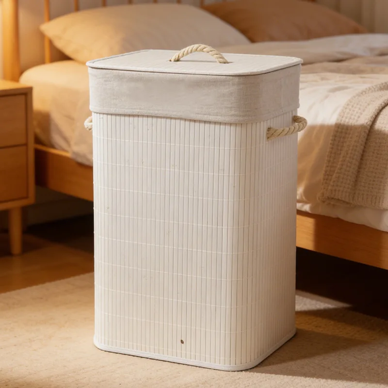 Foldable Bamboo Fabric Laundry Basket Flip-Top Lid Rectangular Handheld Clothes Storage Hamper In Natural Wood Tone Black Or