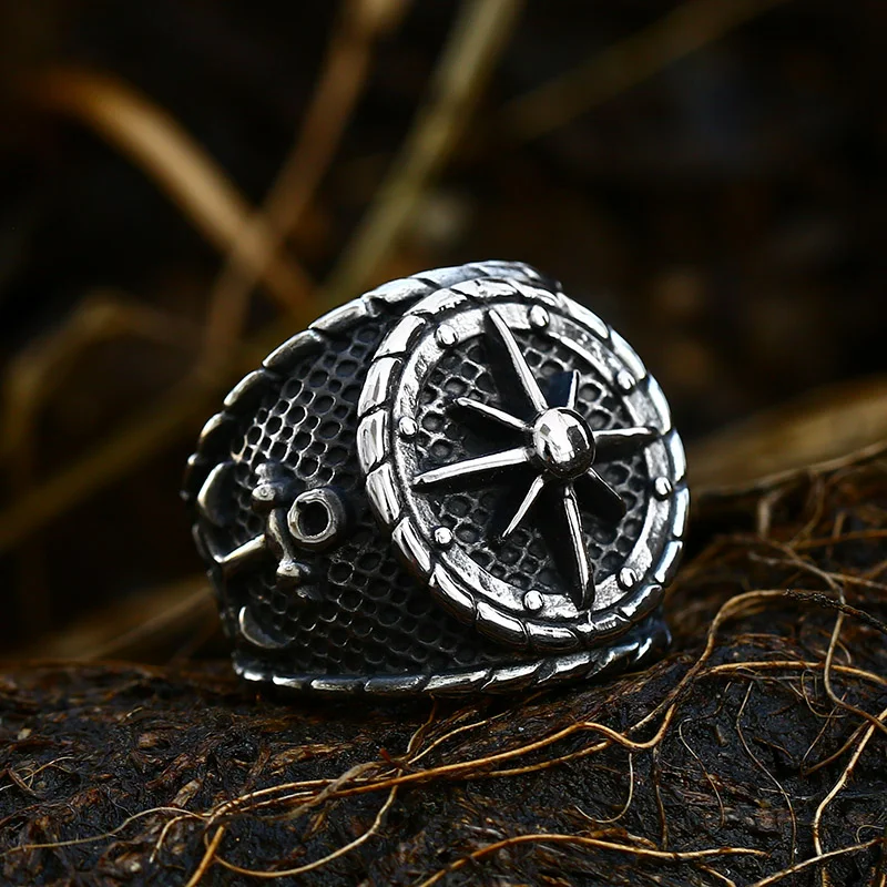 Beier 316L Stainless Steel Lychee Norse Viking Amulet Geometric Men Pirate Compass Cross Finger Ring Vintage Jewelry LR108