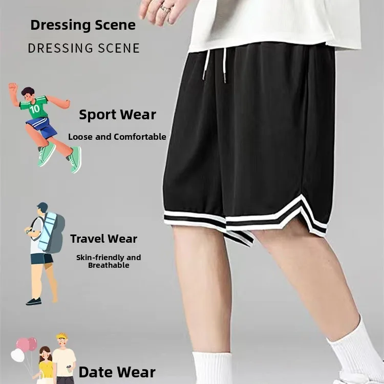 

Ice Silk Thin Baskeall orts Men's Casual Loose Fit Summer Spor Me Pants Trendy Youthful Sle Five-Quarter Length