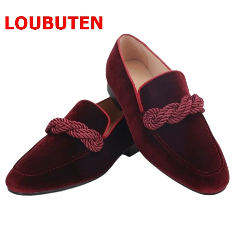 LOUBUTEN Italian Men Velvet Loafers Shoes With Ropes Handmade Dress Shoes Slip On Casual Men\'s Flats Party And Prom Shoes