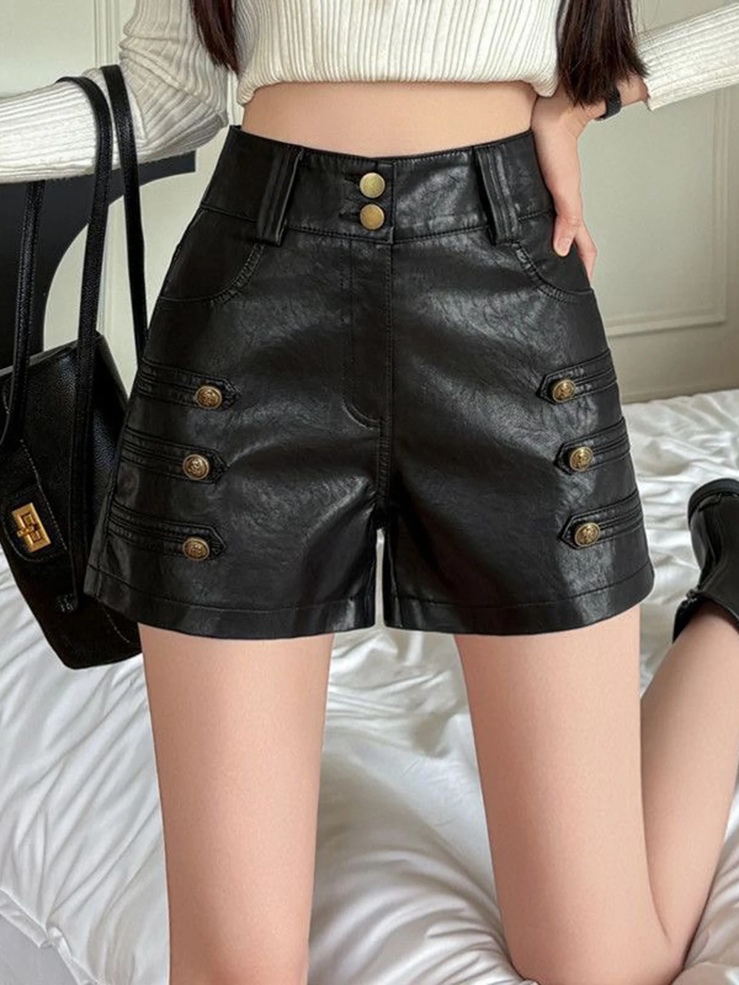 American Style Workwear PU Leather Shorts Women High Waist Slimming INS Fashion A-Line Wide Leg Boot Pants Casual Trousers