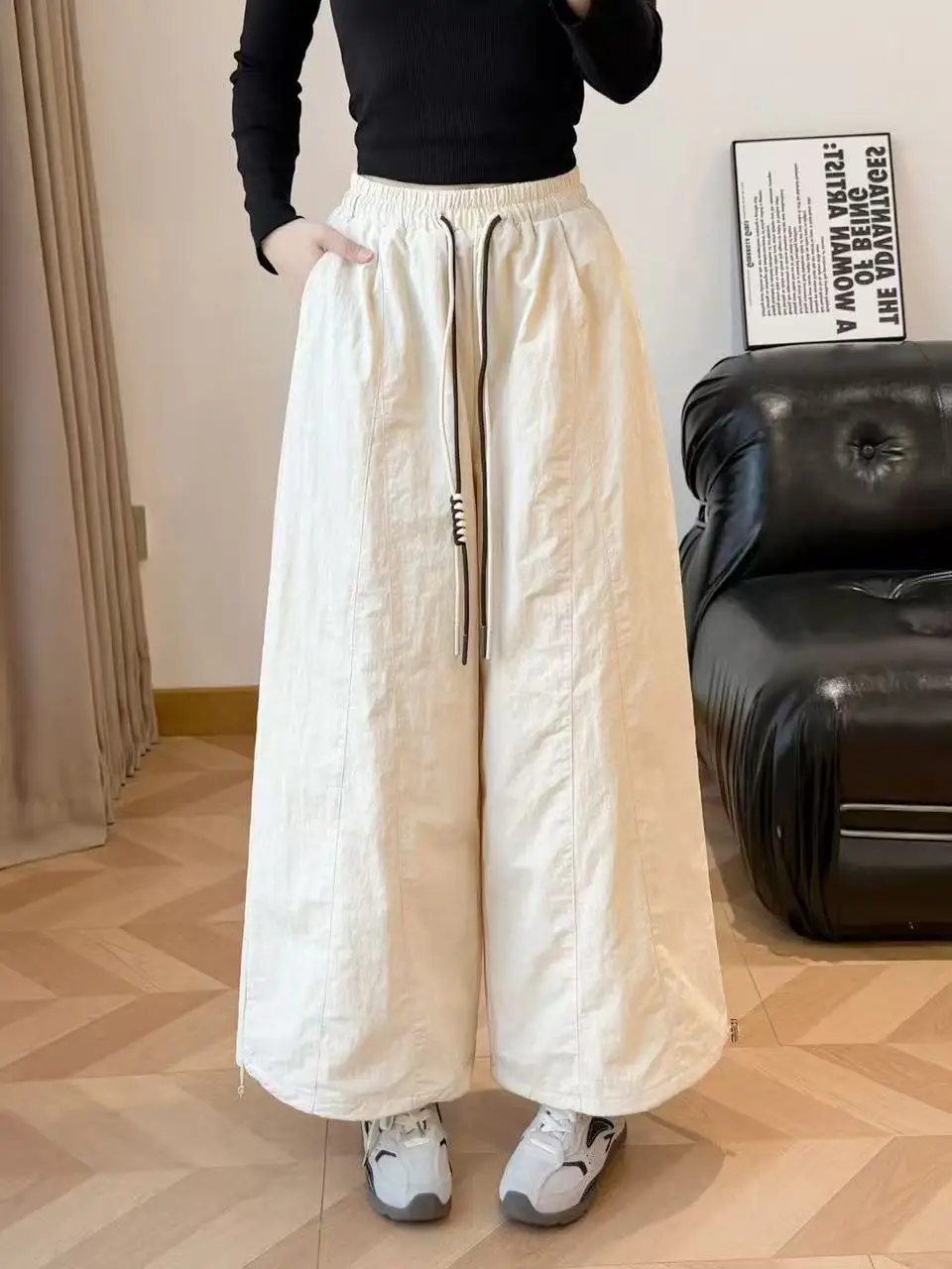plus Size Quick Dry Wide Leg Pants Women's Casual Cotton down Pants Hide Meat Slimming Leisure Two-Way Drawstring Pants