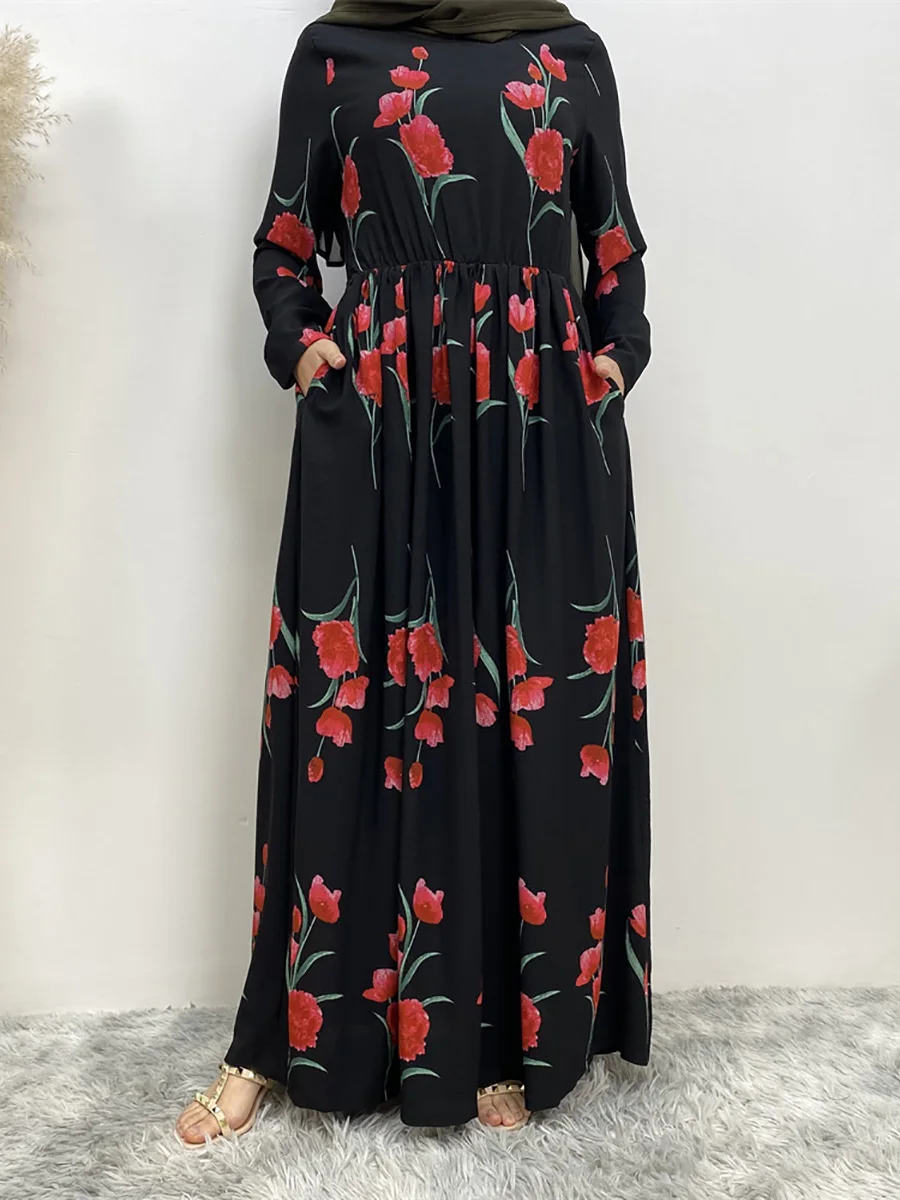 Vintage Long Sleeve Floral Printed Muslim Long Dress  Spring Dubai Turkey Abaya Hijab Dress Jilbab Islamic Clothing Robes