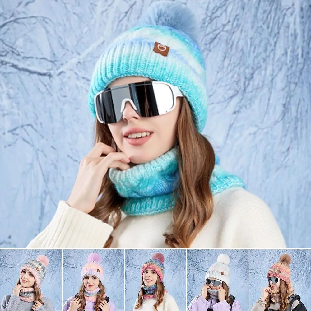 

Fashion Gradient Color Knitted Hat Scarf Set Cold-proof Windproof Beanies Caps Winter Warm Thickened Neck Warmer for Woman