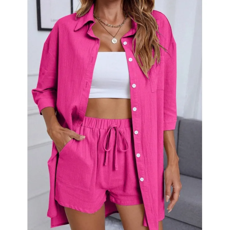 Women's Clothing Set 2024 Summer New Fashionable Single Breasted Shirt Solid Color Shorts Casual Loose Fitting Two Piece Sets