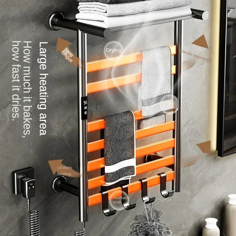 Digital Display Electric Rack with Shelf Towel Dryer Black White Gray Bathroom Temperature Control, Timing Warmer, Modern Design