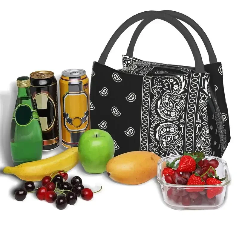 Black And White Paisley Chicano Bandana Style Thermal Insulated Lunch Bags Women Black And White Portable Lunch Meal Food Box