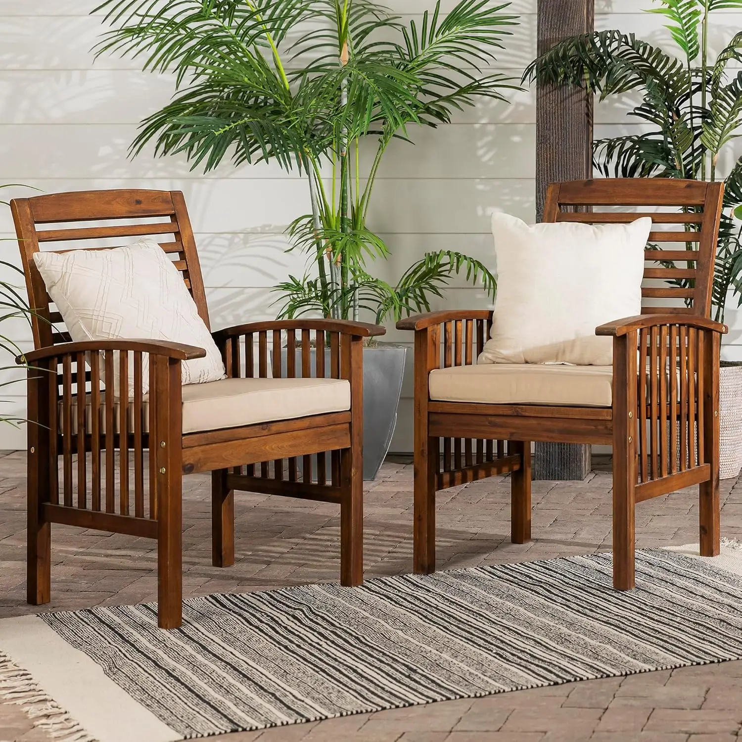 Modern 2 Piece Solid Acacia Wood Slat Back Outdoor Dining Chairs, Set of 2, Dark Brown