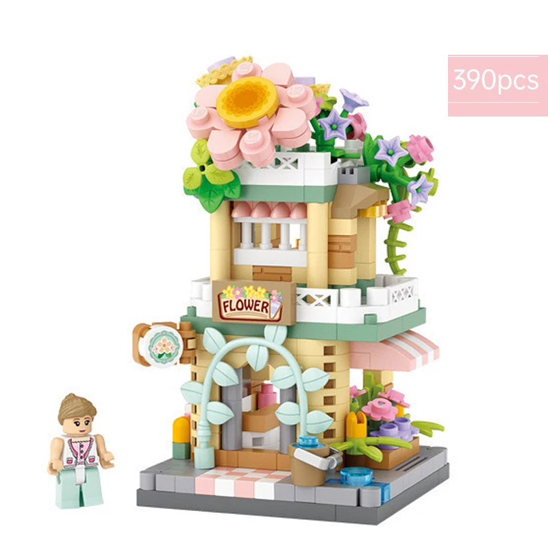 Stadt Street View Baustein Set DIY Eis Kaffee Blumenladen Modellbau Spielzeug ideal für Wohnkultur und Weihnachts geschenke – Detail 2