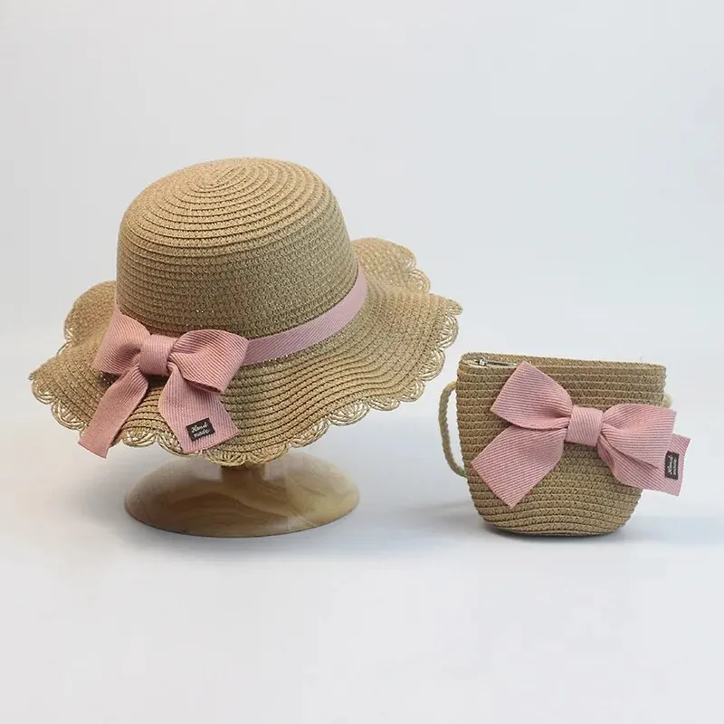 Children Straw Hat and Shoulder Bag Girls Summer Outdoor Beach Cap Cute Bow Travel Beach Sun Hat Crossbody Bag