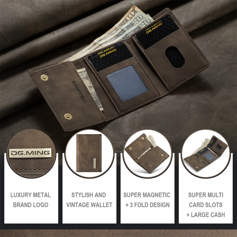 DG.MING Portable Card Holder Wallet Trifold Magnetic Buckle Card Bag Vintage Leather Stylish Multi Cards Slot Mini Wallet