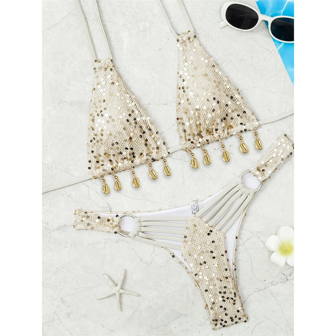 Glänzender Pailletten-Bikini mit Neckholder, Damen-Badeanzug, zweiteiliges Bikini-Set, brasilianischer Badeanzug mit Polsterung, Badebekleidung, Schwimmanzug V7619 – Detail 3