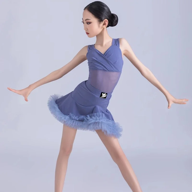 2025 Traje de entrenamiento de baile latino para niña, nuevo disfraz de actuación para niños, regulaciones de competición, vestido de baile latino